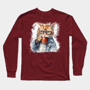 Grumpy Hangover Cat in Glasses Coffee Cup Long Sleeve T-Shirt